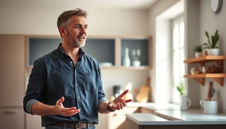Choose yourself: Man in casual attire speaking in modern kitchen.