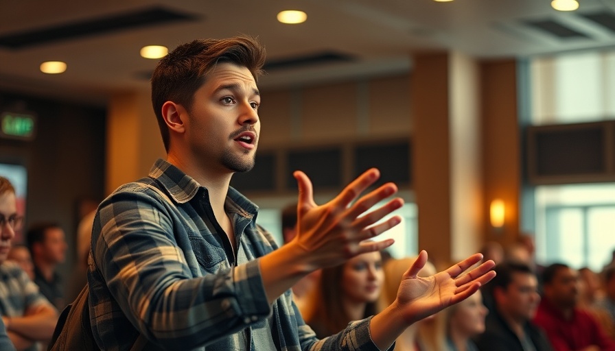 Young man gesturing, engaging with audience, warm indoor setting