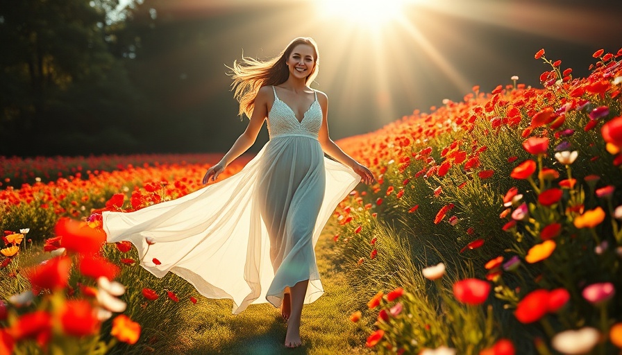 Woman walking towards a sunrise in a flower field depicting 'Reclaiming Your Authentic Self'.