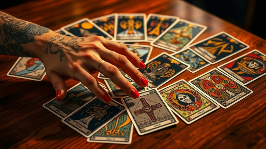 Tattooed hand with red nails touching tarot cards, zodiac theme.