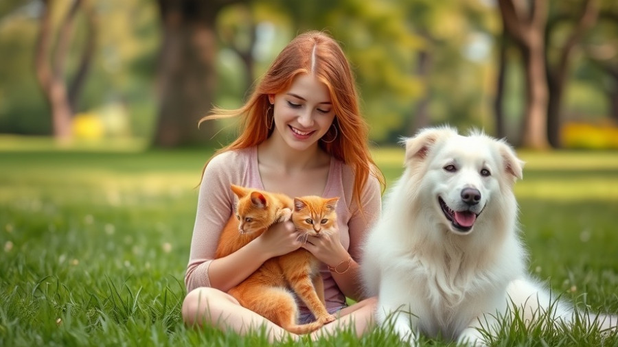 Emotional support animals: woman with cat and dog outdoors.