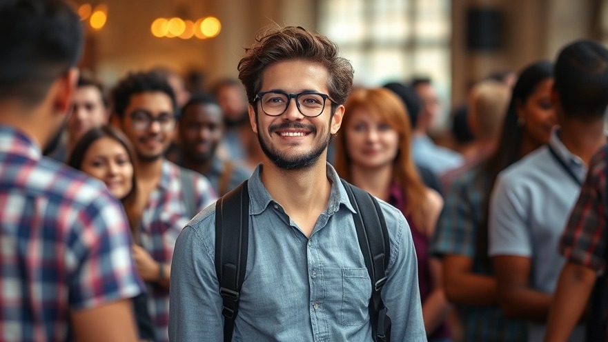Confident individual embracing personal growth amidst supportive peers.