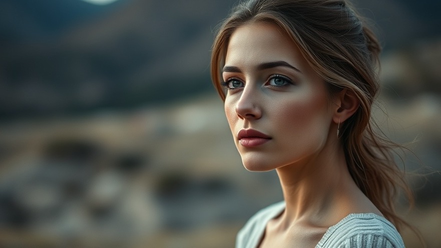 A confident woman embodying radical self-honesty in a serene landscape.