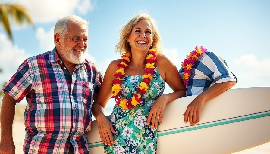 Cheerful elderly group on a beach, celebrating with leis.