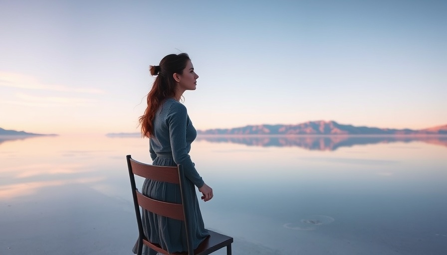 Woman contemplating on reflective salt flat, symbolic of manifestation.