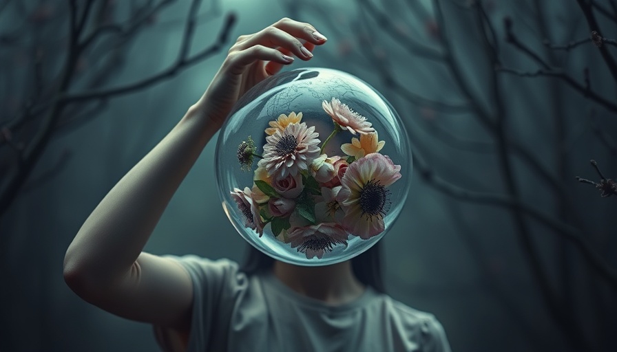 Surreal manifestation illustration with flowers inside a glass sphere.