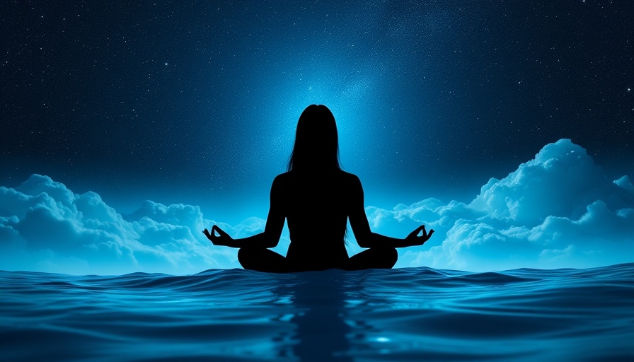 Meditating silhouette amidst cosmic sound waves and clouds.