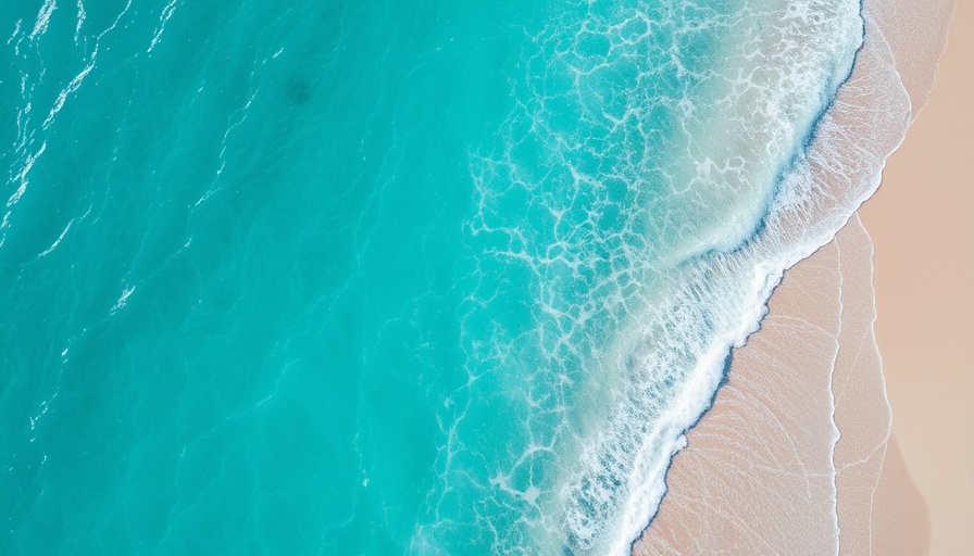 Aerial view of beach with turquoise waves; evokes emotional authority.