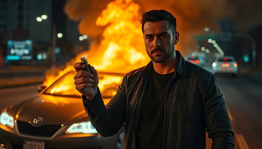 Confident man with lighter, fiery chaos in background