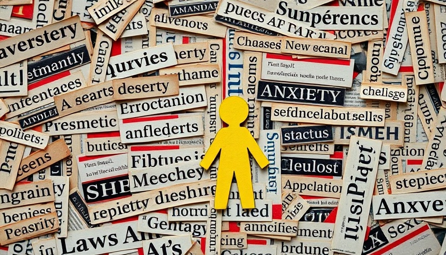Collage of anxiety-inducing words surrounding yellow figure.