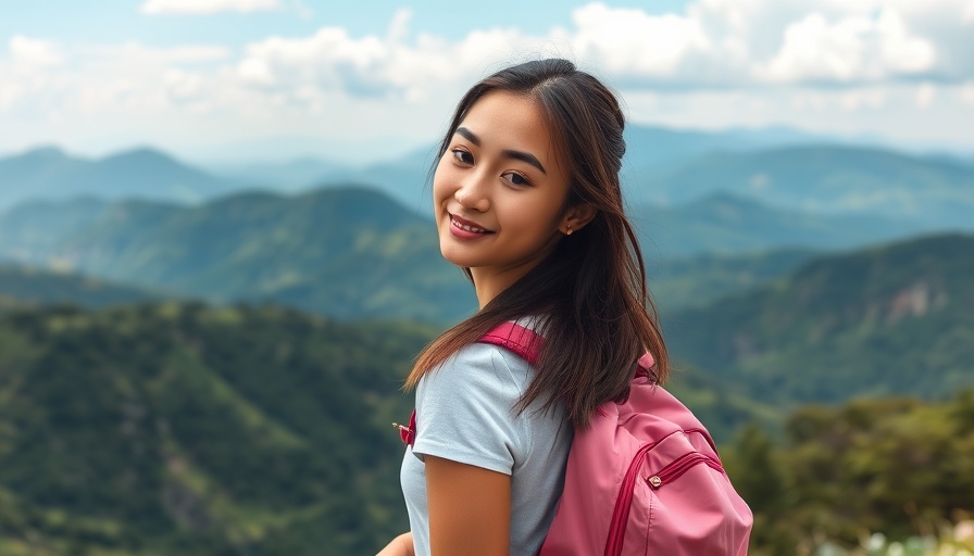 Woman with pink backpack overlooking mountains, serene exploration.