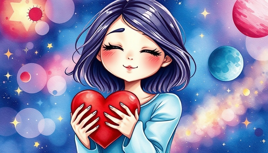 Illustration of young woman embracing heart with cosmic backdrop