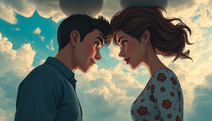 Surreal interaction of man and woman in clouds, mindset shifts.