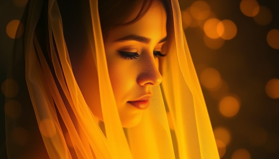 Serene woman in golden veil, mastery takes time, introspective look.