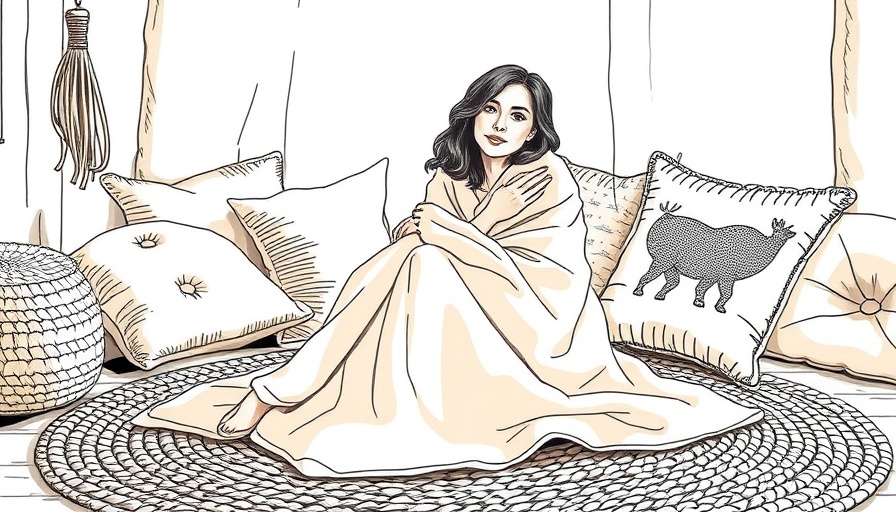 Illustrated woman avoiding painful emotions in cozy room.