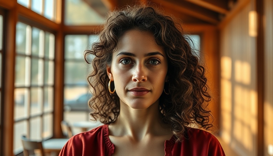 Centered woman's calm expression in a wooden room, intense emotions processing theme.