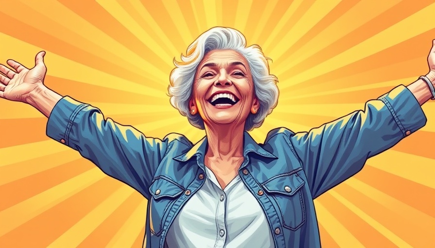 Older woman embracing freedom with open arms, vibrant sunlit background.