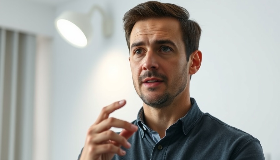 Man discussing personal growth journey, white backdrop.