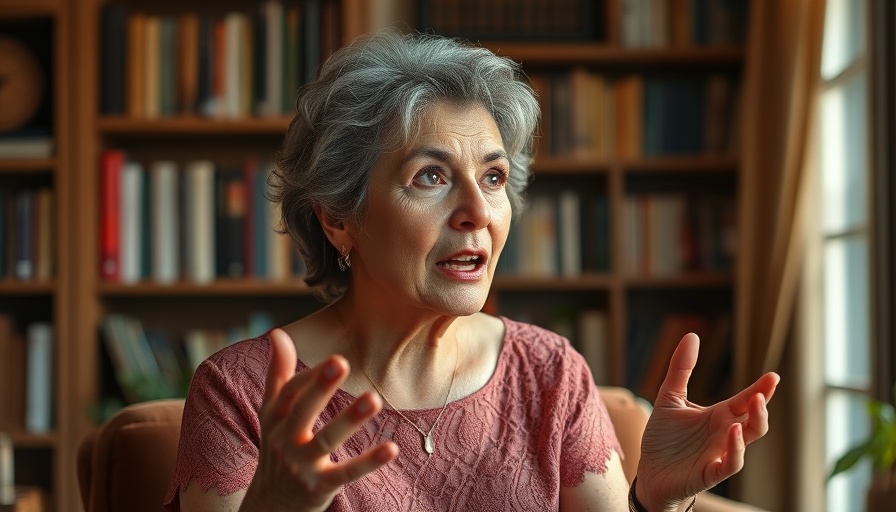 Passionate middle-aged woman discussing 'How do Manifestors Grow?' in cozy room.