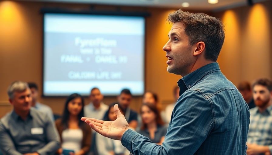 Casually dressed man engaging an audience, promoting 'Attract Calm Over Drama'.