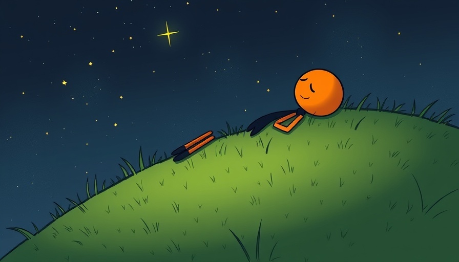 Whimsical stick figure pursuing dreams under starlit sky.