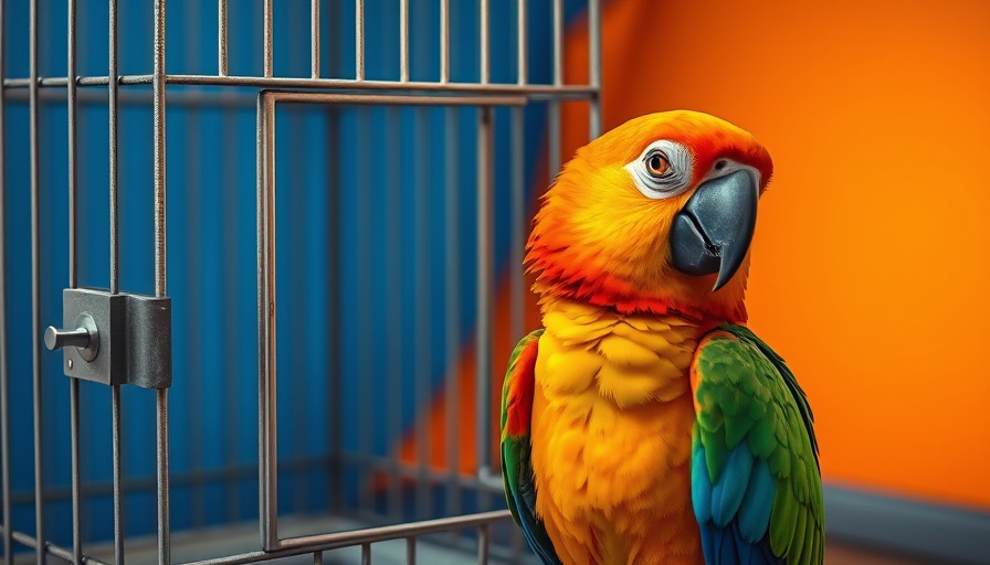 Vividly colored parrot next to an empty cage striving for enlightenment.