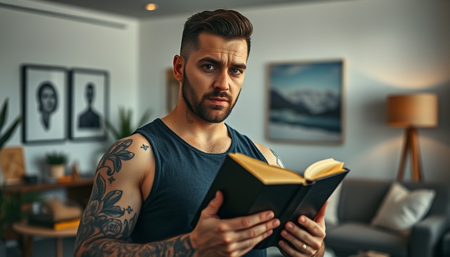 Serious man with tattoos holding a book in a modern living room.