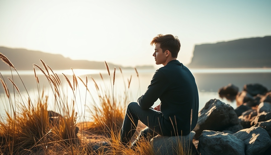 Man finding mental clarity by peaceful lakeside in soft sunlight