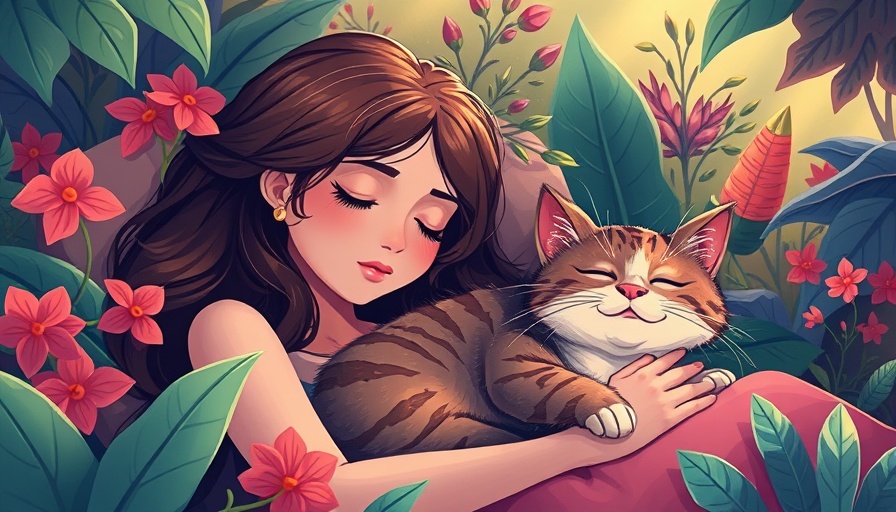 Serene woman with cat in lush plants for better sleep and spiritual wellness.