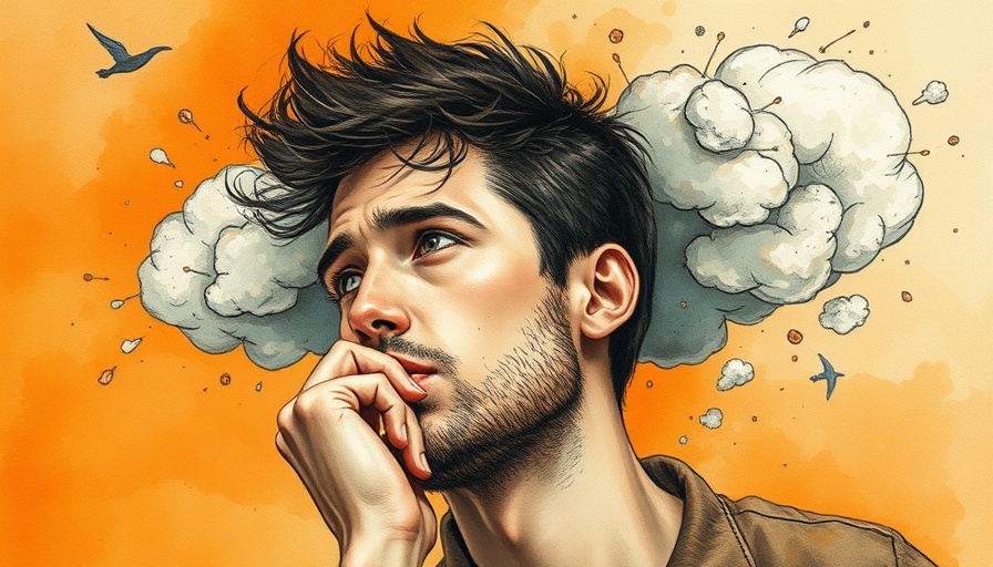 Thoughtful man pondering with abstract background, watercolor art.