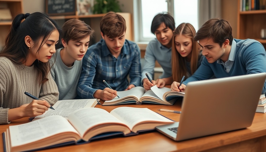 Focused group study session with open books and notes on a table.
