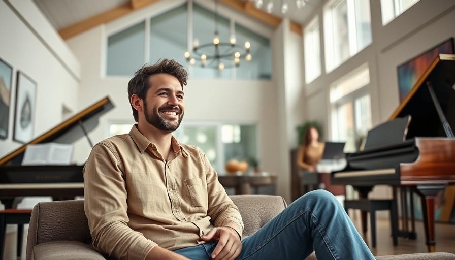 Man smiling in modern living room, conversation about 'How to Leave a Narcissist'.