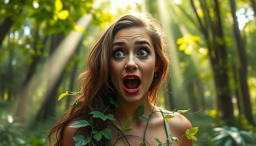 Woman with vines, surprised expression in forest setting.