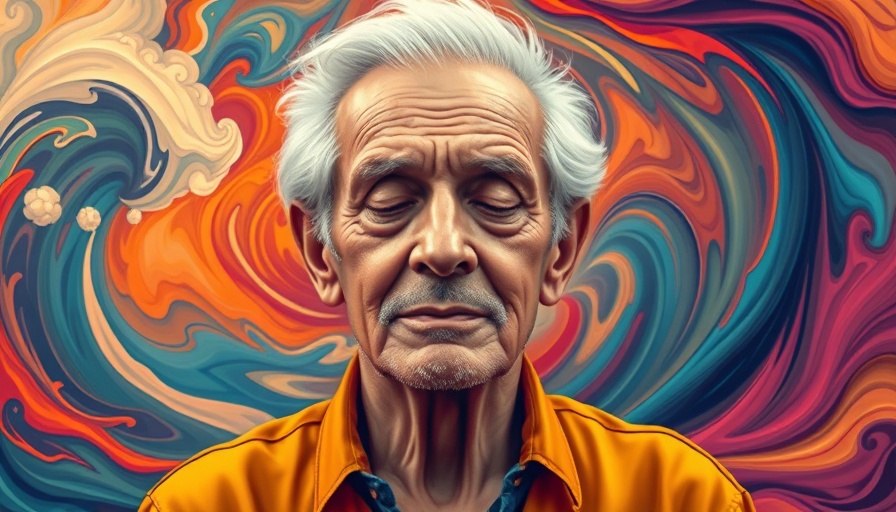 Vivid illustration of an elderly man, embodying calmness, transform your experience of time and presence with vibrant swirling colors.