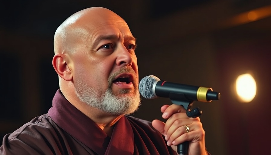 Life transformation: Bald man speaking passionately in dim lighting.