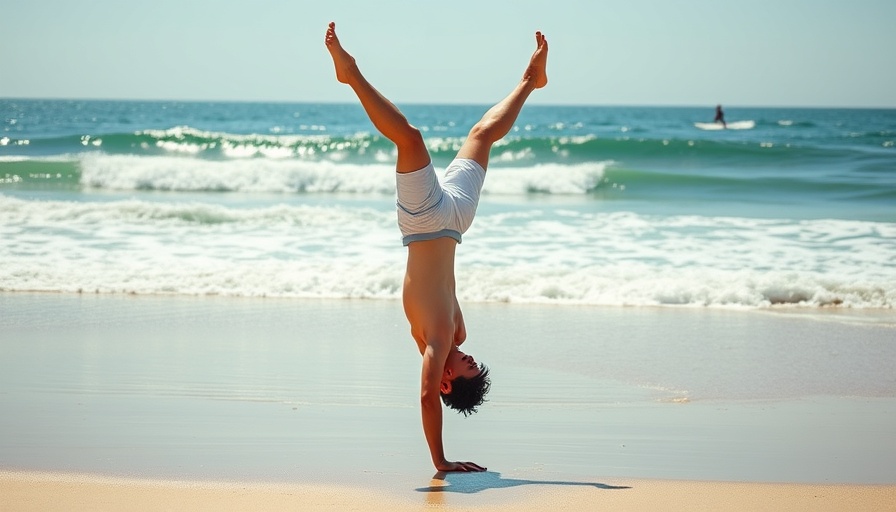 Athletic man does handstand on beach to support your immune system.