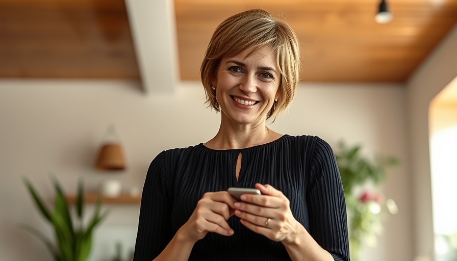 Smiling woman holding an object about Human Design, bright indoor scene.