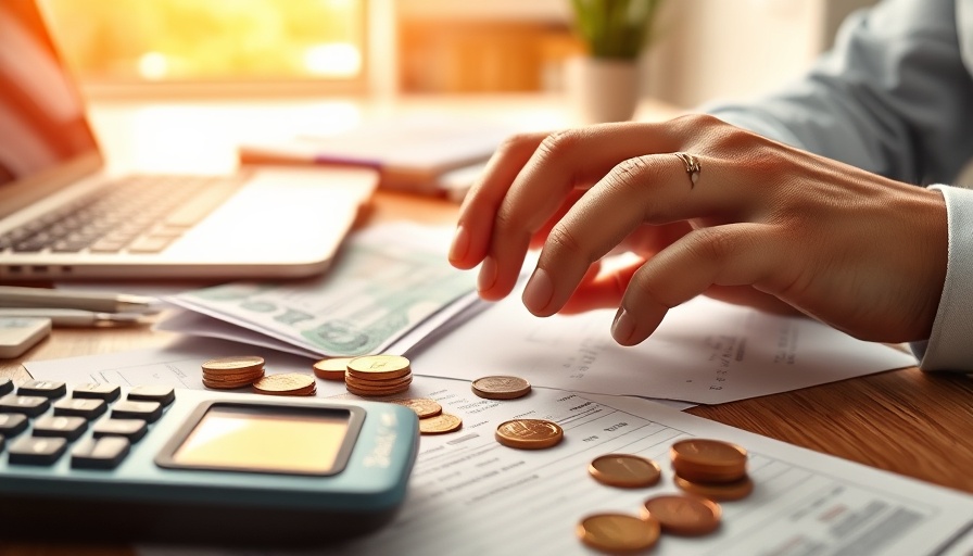 Financial management scene with calculator, cash, and documents.