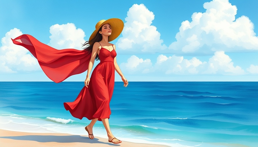 Sober Summer scene with woman in red dress by ocean.