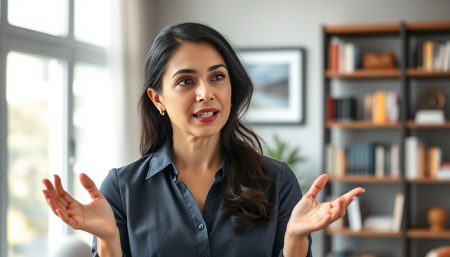 Confident woman discussing ideas, expressing alignment in modern setting