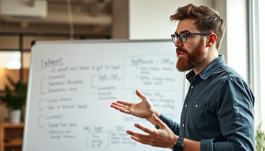 Man discussing overgiving concept, gesturing in front of a board.