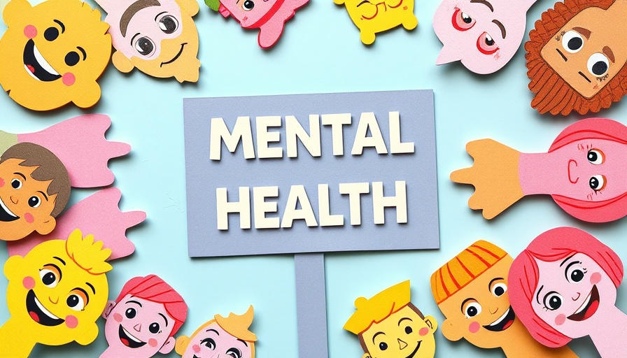Colorful faces around mental health sign representing emotions.