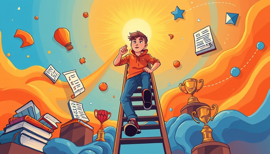 Stuck Over-Achievers Personal Growth: Young man climbing ladder with symbolic achievements.