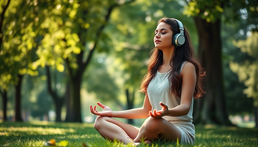 Young woman practicing guided meditation in a serene park.