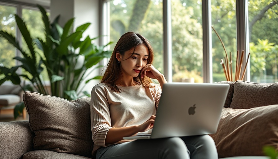 Woman contemplating energy healing research on laptop at home.