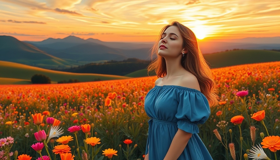 Serene woman embracing healing journey in vibrant landscape.