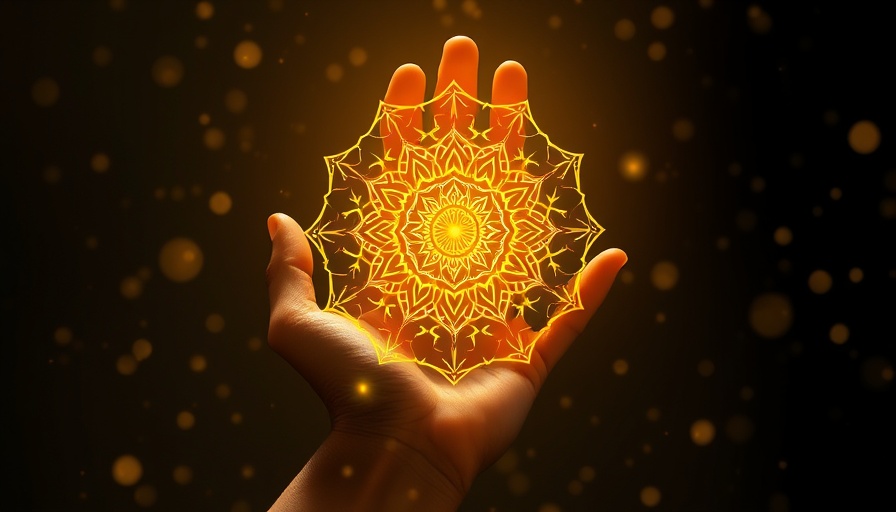 A mystical hand holds a glowing golden energy mandala, depicting energy healing.