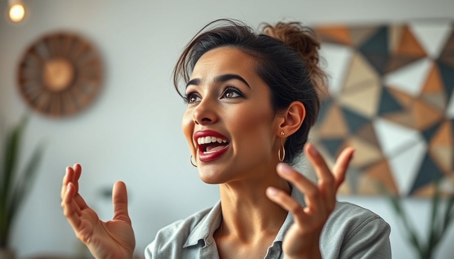 Confident woman speaking about energetic authenticity indoors.