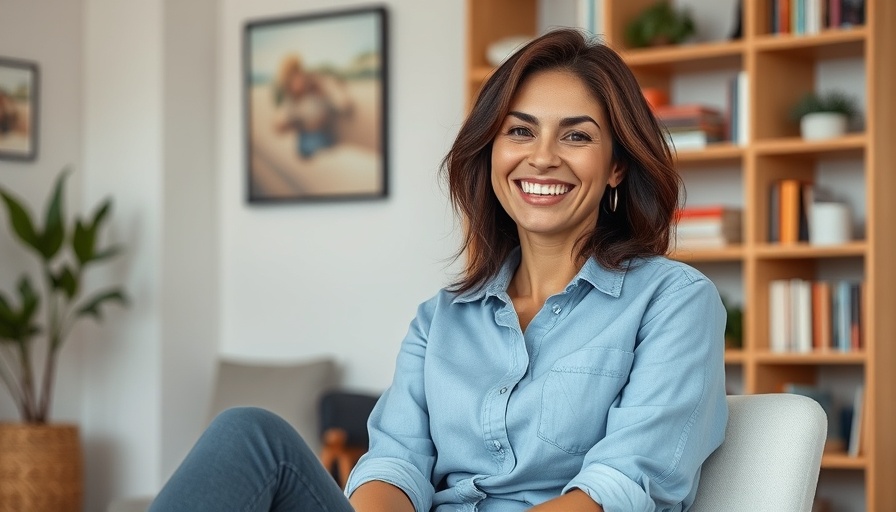 Casual woman smiling indoors, conveying satisfaction is your true measure of success.