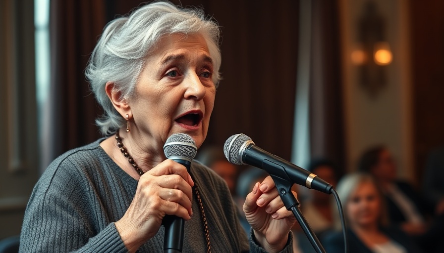 Elderly woman speaking into a microphone at indoor event.